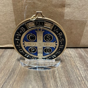 3.5 Inch Standing St. Benedict Medal Gold, Black & Blue W/ Base