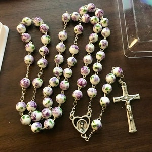 Special Fatima Ceramic Floral 8mm Bead Rosary (Purple)