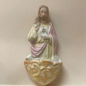 Vintage German Sacred Heart Ceramic Holy Water Font (6 Inch)