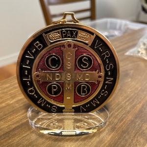 3.5 Inch Standing St. Benedict Medal Gold, Black & Magenta W/ Base