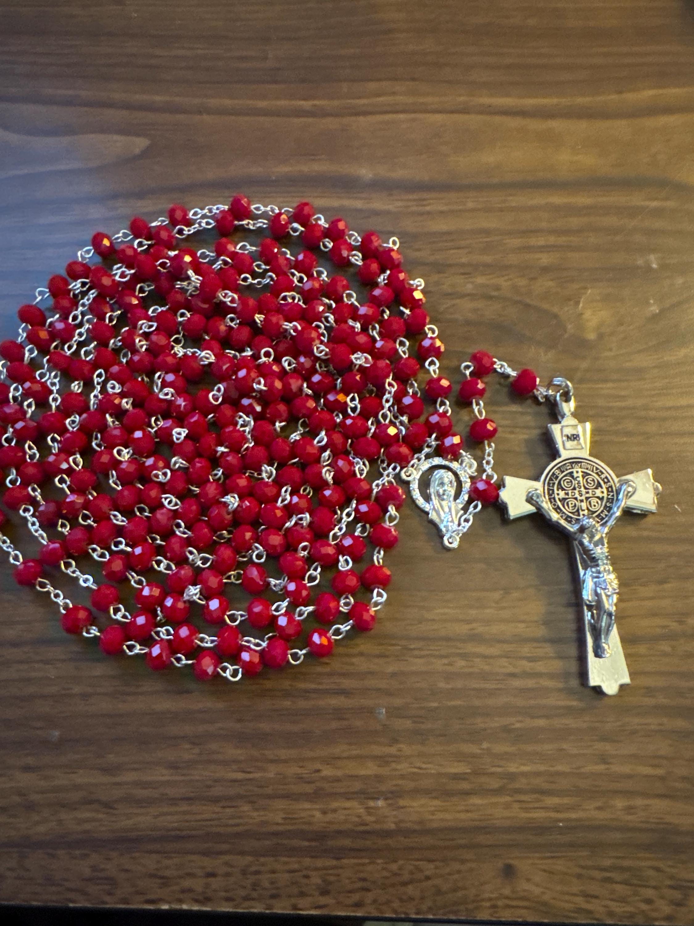 Gorgeous 20 Decade Dark Red Crystal Rosary W/St. Benedict 3 Inch Crucifix