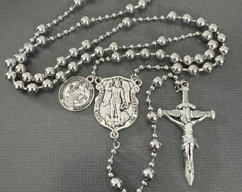 Saint Michael Sword Crucifix Silver Combat Rosary W/St. Benedict Medal (Lightweight)