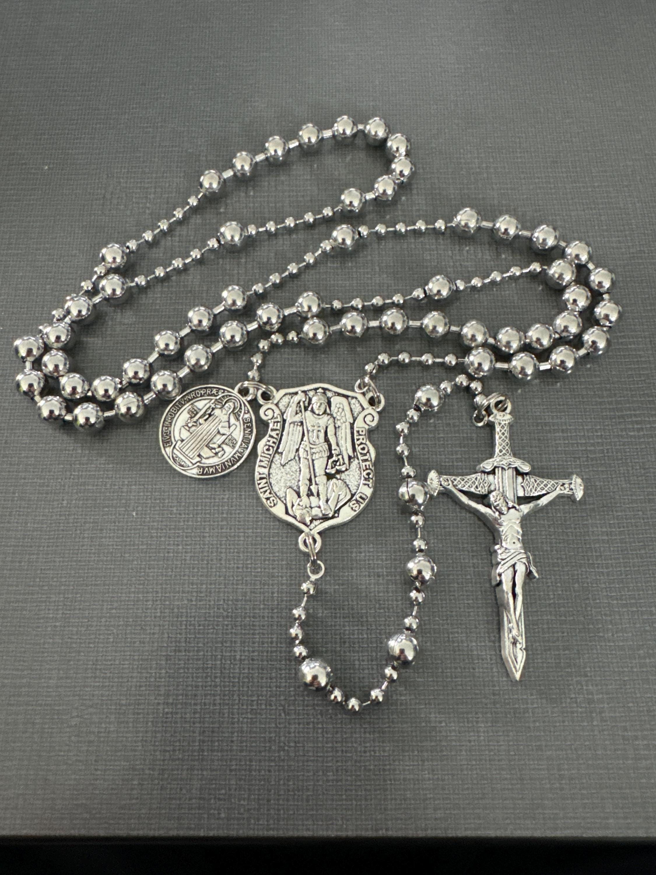 Saint Michael Sword Crucifix Silver Combat Rosary W/st. Benedict