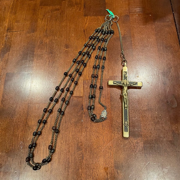 1900's Vintage Convent Habit Rosary W/7" Wood Inlayed Crucifix