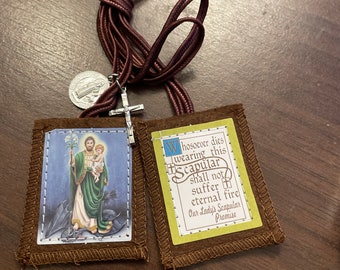 Brown St. Joseph Terror Of Demons Scapular W/Crucifix and St. Benedict Medal