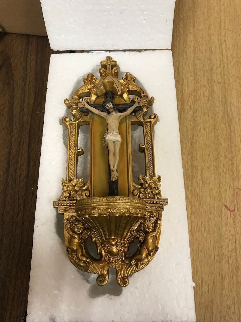 Gorgeous 7 Inch Cathedral Crucifix Holy Water Font