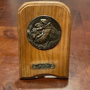 Vintage Jerusalem Olive Wood St. Anthony Medal W/Wood Plague