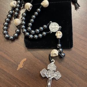 8mm Hematite Bead Memento Mori Skull Rosary W/Pardon Crucifix