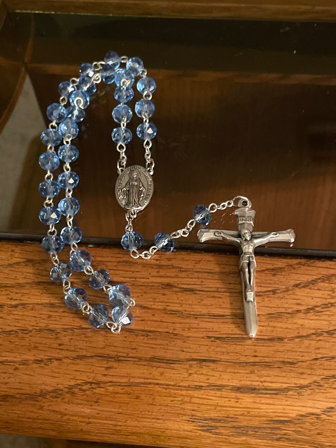 The Jesus Rope (33 Beads) Light Blue Crystal Miraculous Medal Chaplet W ...