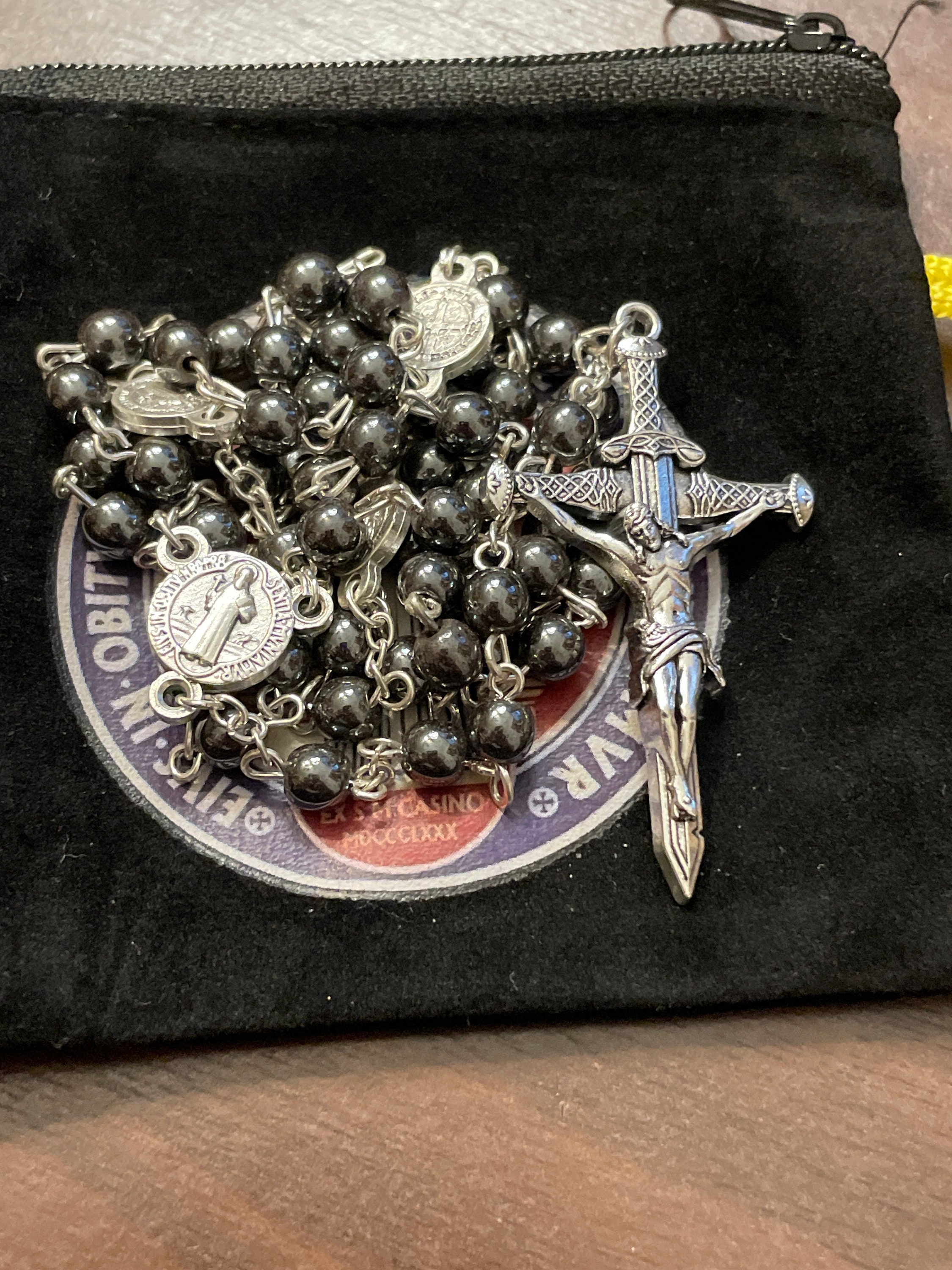 Saint Michael Sword Crucifix 6mm Hematite St. Benedict Rosary - Etsy