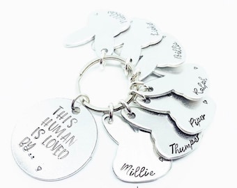 This human is loved by.. bunny. Personalised bunny keyring. Gift, animal, owner. Design 1