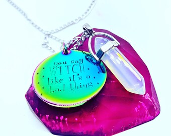 Rainbow Stainless Steel Witch Necklace Opalite Gemstone