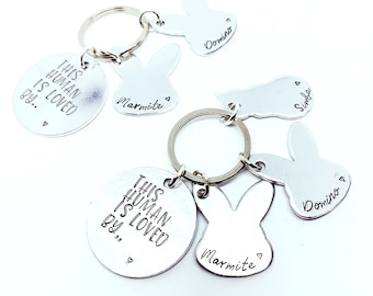 This human is loved by.. mixed animals pets. Personalised bunny cat dog bird keyring. Gift, animal, owner.