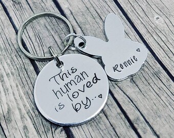 This human is loved by.. bunny. Personalised bunny keyring. Gift, animal, owner. Design 2