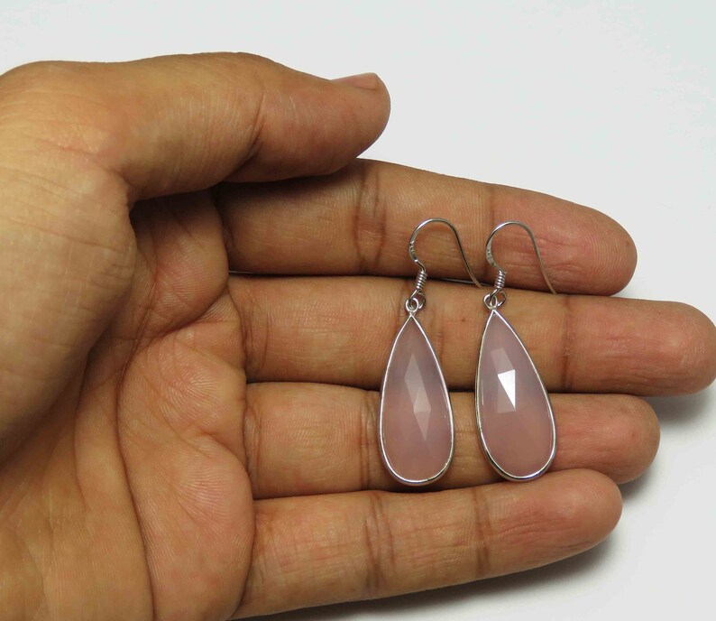 rose chalcedony earrings Rose Quartz Chalcedony earring Drop Dangle Bezel Earrings