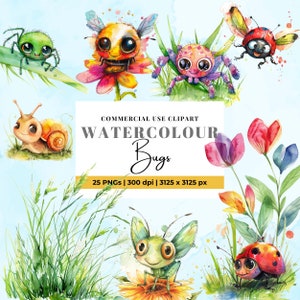 25 Cute Bugs Clipart, Clipart Insects, Watercolour Bugs Clipart PNG, Clipart Bundle, Transparent, 300DPI, Commercial Use