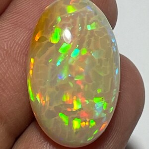 May include: Oval-shaped opal gemstone with a cream-colored base and vibrant flashes of green, orange, and yellow. The gemstone has a unique internal pattern and is held in a person's hand. The opal is a natural gemstone.
