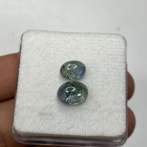 K&ouml;nnte beinhalten: Zwei ovale Edelsteine in einem transparenten Etui, die eine Mischung aus blauen, gr&uuml;nen und grauen Farbt&ouml;nen aufweisen. Die Steine haben innere Muster und liegen auf einem wei&szlig;en Hintergrund. Eine Hand h&auml;lt das Etui.