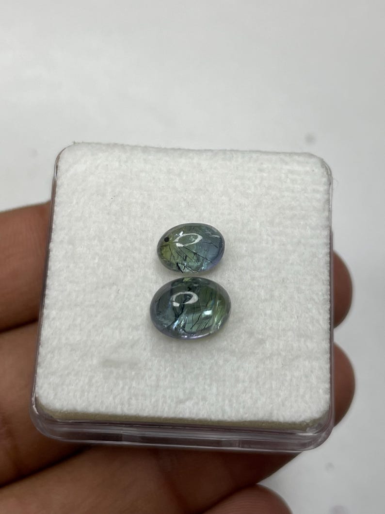K&ouml;nnte beinhalten: Zwei ovale Edelsteine in einem transparenten Etui, die eine Mischung aus blauen, gr&uuml;nen und grauen Farbt&ouml;nen aufweisen. Die Steine haben innere Muster und liegen auf einem wei&szlig;en Hintergrund. Eine Hand h&auml;lt das Etui.
