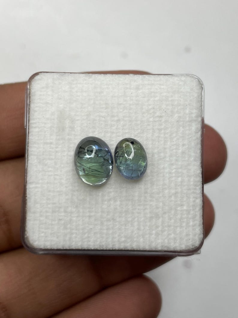 K&ouml;nnte beinhalten: Zwei ovale Edelsteine mit blauen, gr&uuml;nen und schwarzen Einschl&uuml;ssen, pr&auml;sentiert in einer transparenten Kunststoffbox mit wei&szlig;em Innenraum. Die Steine haben ein poliertes, durchscheinendes Aussehen.