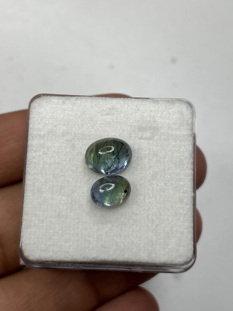 K&ouml;nnte beinhalten: Zwei ovale Edelsteine in einem kleinen, transparenten Kunststoffetui. Die Steine zeigen eine Mischung aus blauen, gr&uuml;nen und schwarzen Farben. Die Edelsteine haben eine polierte Oberfl&auml;che.