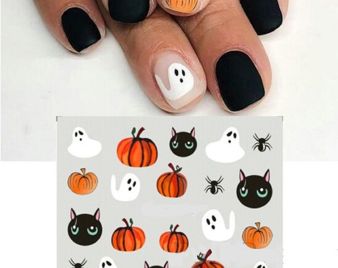 Nail Water Decals Transfers Halloween Ghost Spiders Spider Ghost Black Cats Pumpkins (1252)