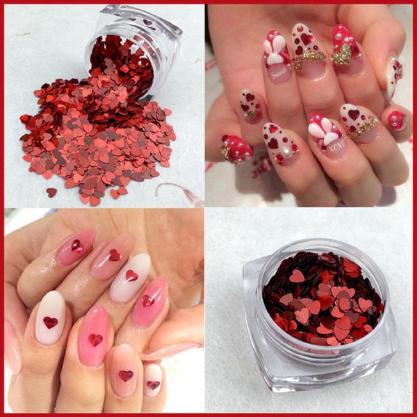 Valentines Day Nail Art Holographic RED Heart Shape Spangles Glitter 3D Decoration