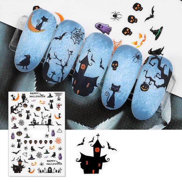 Nail Art Stickers Decals Halloween Black Red Haunted House Cat Graveyard Pumpkin Face Skull Blood Witches Hat XF3114