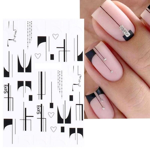 Nail Art Stickers Decals Transfer Black French Nail Tips Lace Manicure Lines Wavy Abstract Lines French Manicure Hearts (CS135)