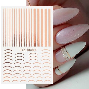 Nail Art Stickers Transfers Decals Metallic Rose Gold Lace Abstract Lines French Line Manicure  Geometric (STZGS004rg)