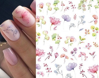 Nail Art Water Decals Stickers Transfers Spring Summer Flowers Floral Fern Leaf Petals (506)