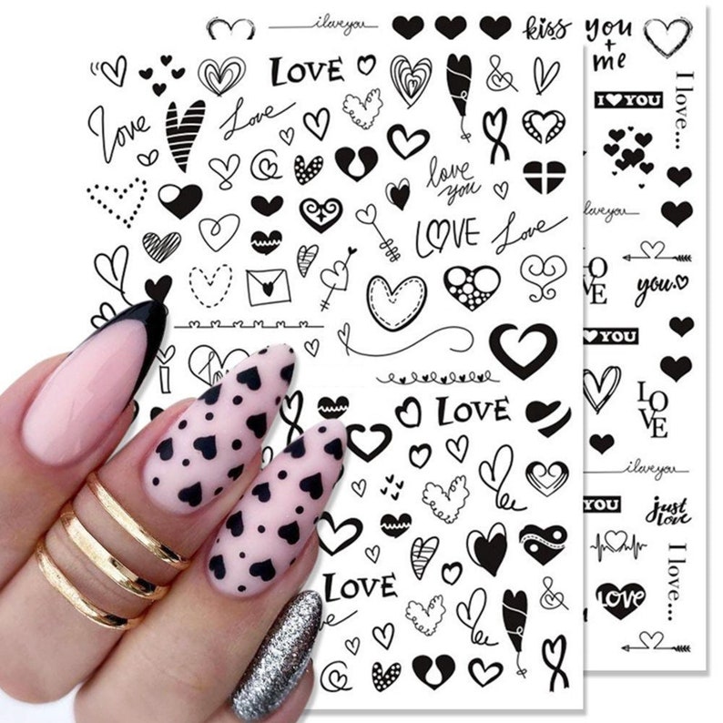 Nail Art Water Decals Stickers Transfers Valentines Day BLACK Love Hearts Lace Arrows Key to my Heart Cherub Balloons image 1