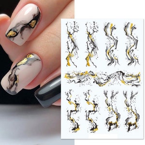 Nail Art Stickers Transfers Decals Black Grey Gold Marble Effect Watercolor Ripples Lace French Line Swirl Wave (S026)