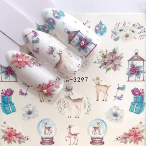 Nail Art Water Decals Stickers Christmas Tree Winter Wonderland Globe Reindeer Snowman Holly Presents  (3297)