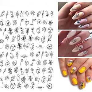 Nail Art Stickers Decals Transfers Black Bohemian Face Facial Abstract Faces Girl Woman Flowers Floral Rose Roses Fern Leaf (WG254)