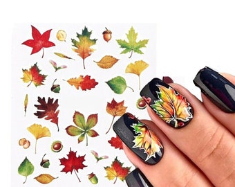 Nail Art Water Decals Stickers Transfers Winter Autumn Fall Green Yellow Brown leaf leaves Fern Maple Leaf Acorns (857)
