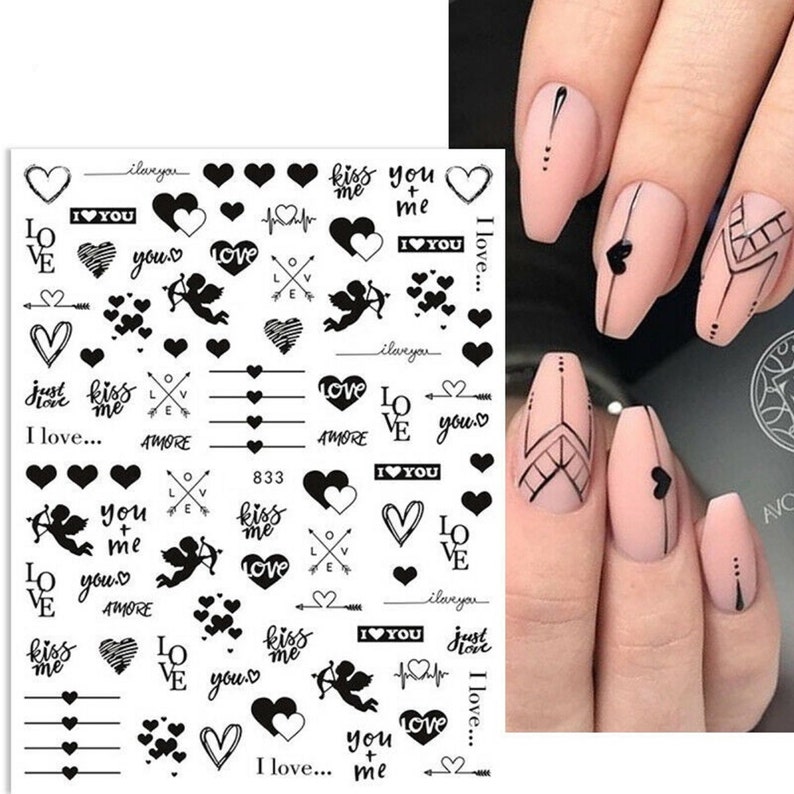 Nail Art Water Decals Stickers Transfers Valentines Day BLACK Love Hearts Lace Arrows Key to my Heart Cherub Balloons image 3