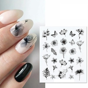 Nail Art Water Decals Stickers Transfers Black watercolor effect  Flowers Floral Butterflies Butterfly (x69)