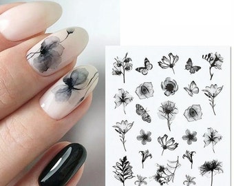 Nail Art Water Decals Stickers Transfers Black watercolor effect  Flowers Floral Butterflies Butterfly (x69)