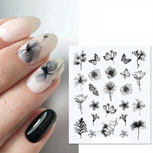 Nail Art Water Decals Stickers Transfers Black watercolor effect  Flowers Floral Butterflies Butterfly (x69)