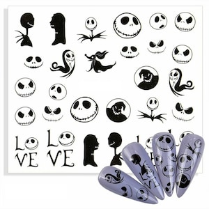 May include: Black and white nail art stickers featuring characters from the movie The Nightmare Before Christmas. The stickers include Jack Skellington, Sally, Zero the ghost dog, and Oogie Boogie. The stickers also include the word "LOVE" and various images of Jack Skellington's face.