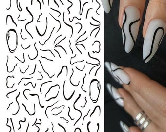 Nail Art Stickers Transfers Decals Black White Gold Ripples Lace French Line Swirl Wave Swirls