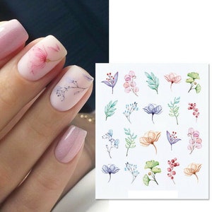 Nail Art Water Decals Stickers Transfers Spring Summer Watercolor Pastel Flowers Leaf Fern Floral Petals (X059)