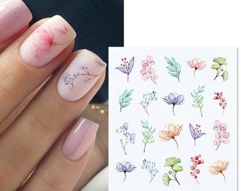 Nail Art Water Decals Stickers Transfers Spring Summer Watercolor Pastel Flowers Leaf Fern Floral Petals (X059)