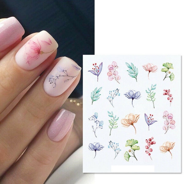 Nailart Wasserfarben Sticker Frühling Sommer Aquarell Pastell Blumen Blatt Farn Blütenblätter (X059)