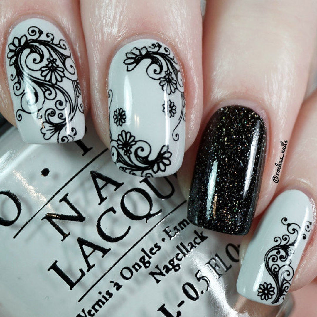 Nail Art Water Decals Stickers Transfers Black Lace Floral Flowers