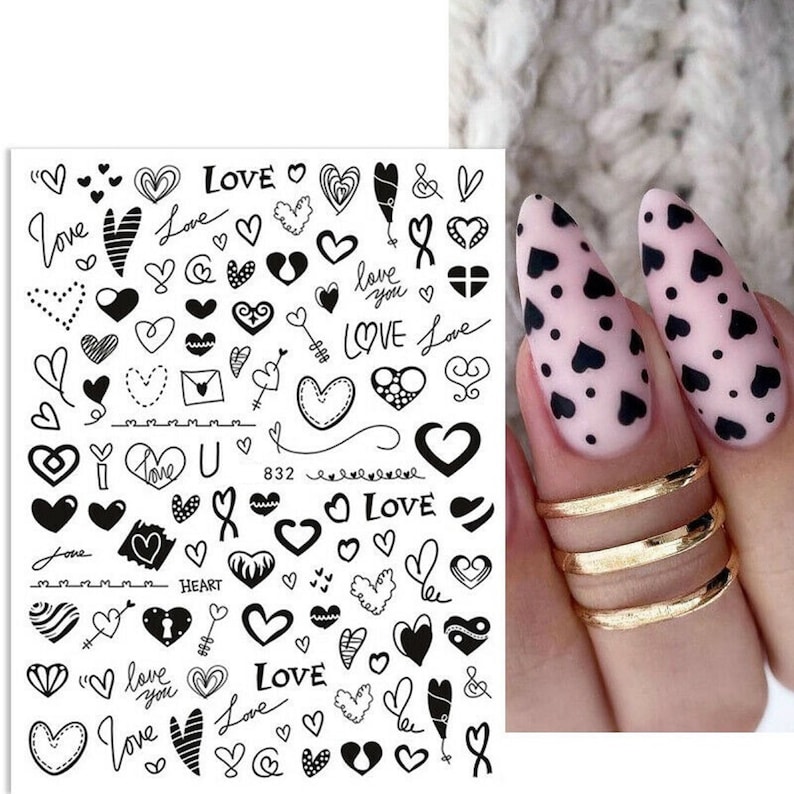 Nail Art Water Decals Stickers Transfers Valentines Day BLACK Love Hearts Lace Arrows Key to my Heart Cherub Balloons image 2