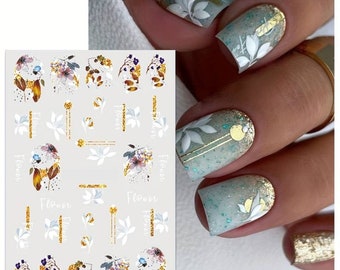 Nail Art Water Decals Stickers Transfers Spring Summer Flowers Floral Fern Leaf Petals Lines (PM130)