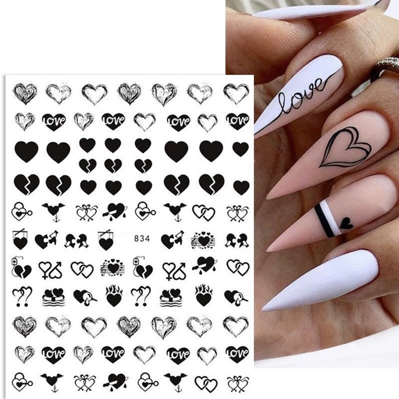 Nail Art Water Decals Stickers Transfers Valentines Day BLACK Love Hearts Lace Arrows Key to my Heart Cherub Balloons image 4