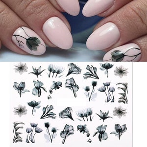 Nail Art Water Decals Stickers Transfers Water Effect Black Flowers Rose Floral (BN1219)